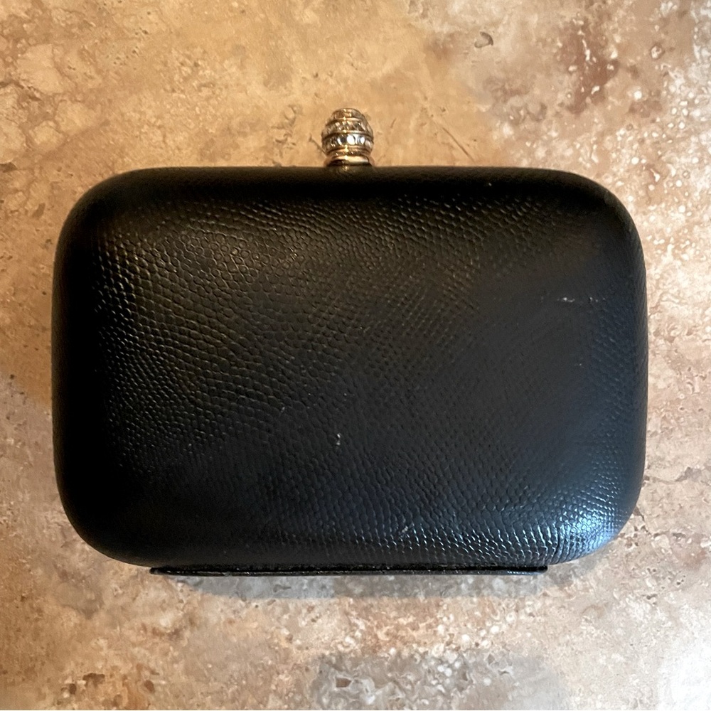 Original Y&S black leather hard shell vintage purse clutch crossbody gold chain